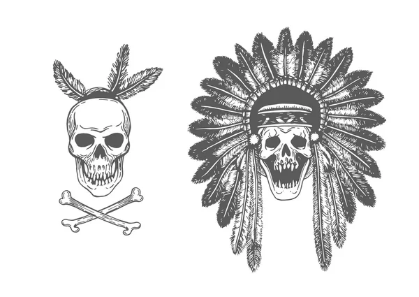 Set de dos tocado indio americano dibujado a mano con cráneos humanos. Ilustración vectorial monocromática con elementos étnicos aislados sobre fondo blanco. Tema tribal — Archivo Imágenes Vectoriales