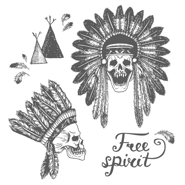 Set of two Hand Drawn American Indian Headdress With Human Skulls. Vector Monochrome Illustration with ethnic elements isolated on white background. Tribal theme — Stock Vector