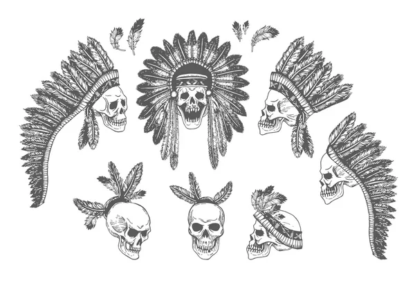 Set de 7 Tocado Indio Americano Dibujado a Mano con Calaveras Humanas. Ilustración vectorial monocromática con elementos étnicos aislados sobre fondo blanco. Tema tribal — Archivo Imágenes Vectoriales