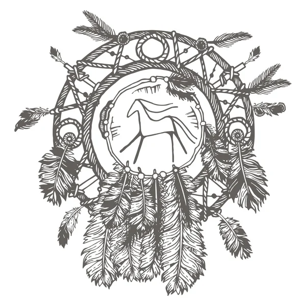Dessiné à la main avec un capteur d'encre avec des plumes. Illustration ethnique, tribale, indienne d'Amérique symbole traditionnel. Isolé. Sur fond blanc — Image vectorielle