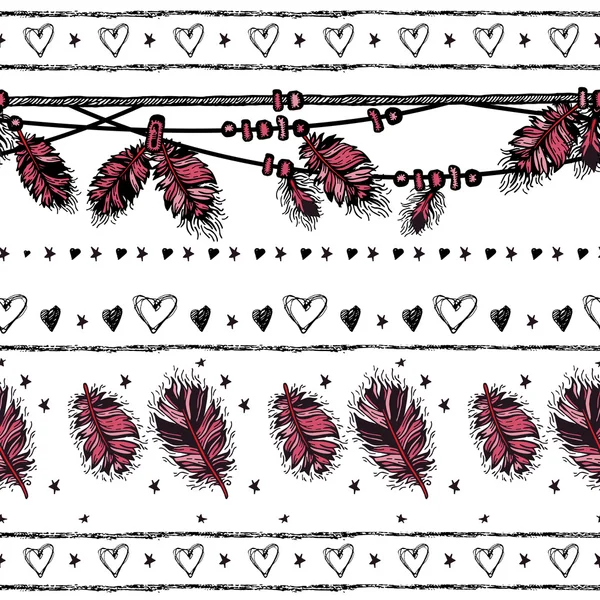 Fondo con plumas étnicas, corazones, magdalenas, anillos y estrellas. Patrón romántico sin costuras en estilo nativo. Tema romántico. Frontera — Archivo Imágenes Vectoriales