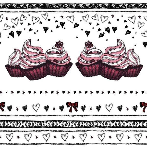 Achtergrond met etnische harten, cupcake. Romantische naadloze patroon in eigen stijl. Romantische thema. Grens — Stockvector