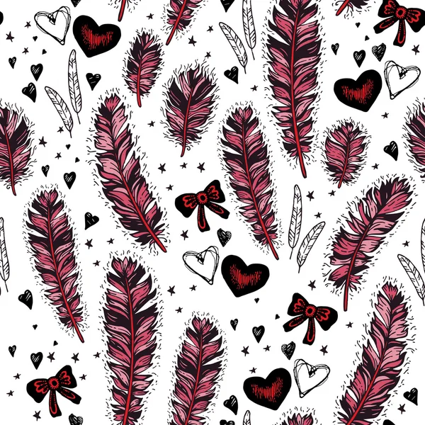 Background with ethnic feathers, hearts, stars. Romantic seamless pattern in native style. Romantic theme. Seamless pattern — Stock Vector