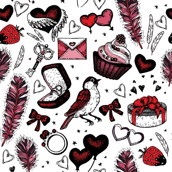 Achtergrond met etnische veren, harten, geschenkverpakkingen, cupcake, ring en sterren. Romantische naadloze patroon in eigen stijl. Romantische thema. — Stockvector
