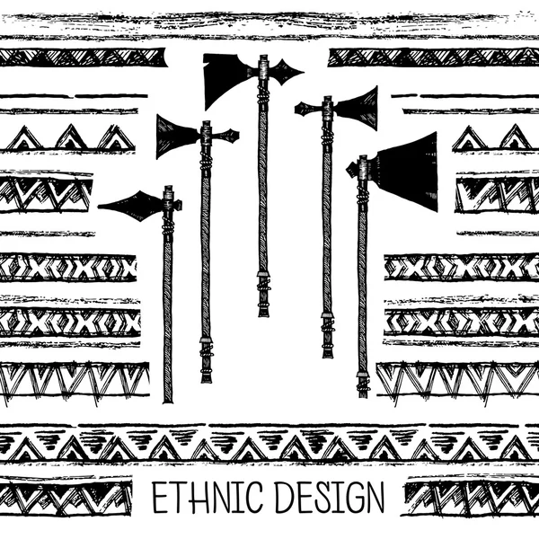 Conjunto de elementos de tinta de dibujo a mano de hachas indias americanas y Tomahawks. Ilustración vectorial. Elementos en estilo nativo para tarjetas de felicitación y postales, henna y diseño de tatuajes . — Vector de stock
