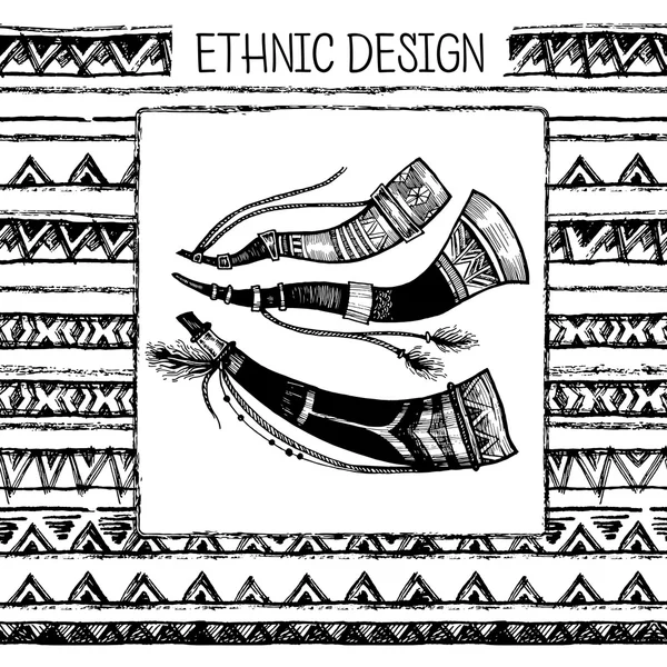 Dibujado a mano pintado patrón sin costura. Étnica tribal sin fisuras. Tinta cuernos de caza en blanco y negro. Ilustración vectorial — Vector de stock