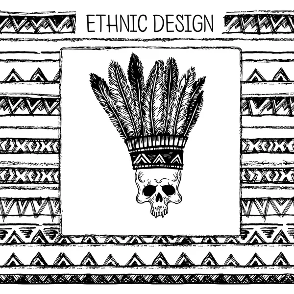 Ręcznie rysowane malowane wzór z nakryciu głowy indian i czaszki. Tribal etnicznych na bezproblemowe. Kolory czarny i biały. Na zaproszenie, web, włókienniczych, Tapeta, papier do pakowania. Zestaw atramentowy etniczne pasków — Wektor stockowy