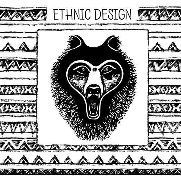 Conjunto de tinta de dibujo a mano cara de oso blanco y negro, pata, huella de un animal, ilustración vectorial. Dibujado a mano pintado patrón sin costura. Étnica tribal sin fisuras. Colores blanco y negro . — Vector de stock