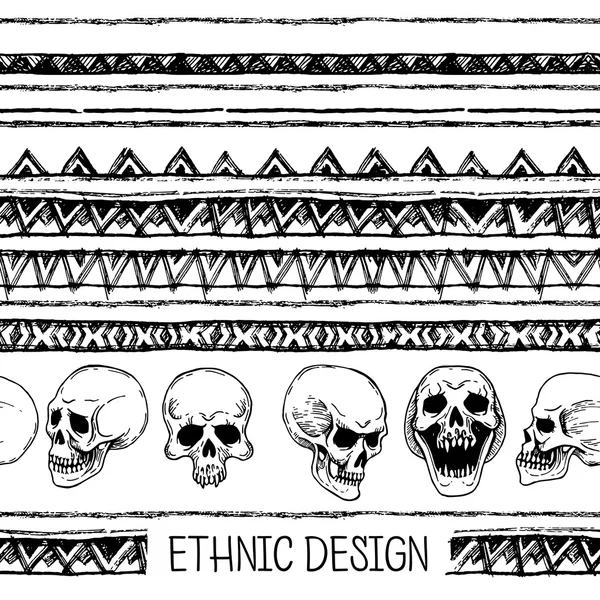 Dibujado a mano pintado patrón sin costura. Étnica tribal sin fisuras. Colores blanco y negro. Para invitación, tela, textil, papel pintado, papel de envolver. Conjunto de rayas étnicas de tinta con calaveras. Set de tinta — Archivo Imágenes Vectoriales