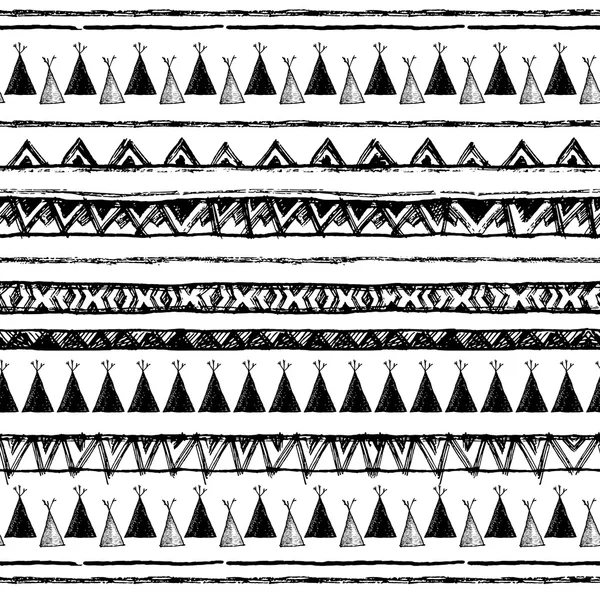 Etniska seamless mönster i ursprunglig stil. Tribal vektor seamless mönster med native American Indian symboler. Boarder wigwam mönster. Handritade indisk bakgrund vektor. Native american tält mönster — Stock vektor
