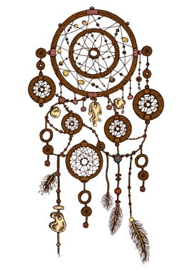 Mürekkep dreamcatcher eşarplı ile çizilmiş. Etnik illüstrasyon, aşiret, Amerikan Kızılderili geleneksel sembolü. Kabile Tema. Renkli rüya yakalayıcı