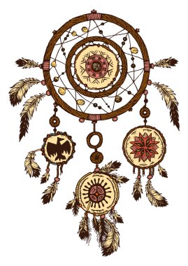 Mürekkep dreamcatcher eşarplı ile çizilmiş. Etnik illüstrasyon, aşiret, Amerikan Kızılderili geleneksel sembolü. Kabile Tema. Renkli rüya yakalayıcı