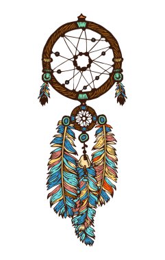 Mürekkep dreamcatcher eşarplı ile çizilmiş. Etnik illüstrasyon, aşiret, Amerikan Kızılderili geleneksel sembolü. Kabile Tema. Renkli rüya yakalayıcı