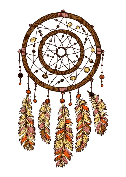 手描きの羽を持つインク ドリーム キャッチャー。民族の図、部族、アメリカのインディアンの伝統的なシンボル。部族のテーマ。カラフルなドリーム キャッチャー — ストックベクタ