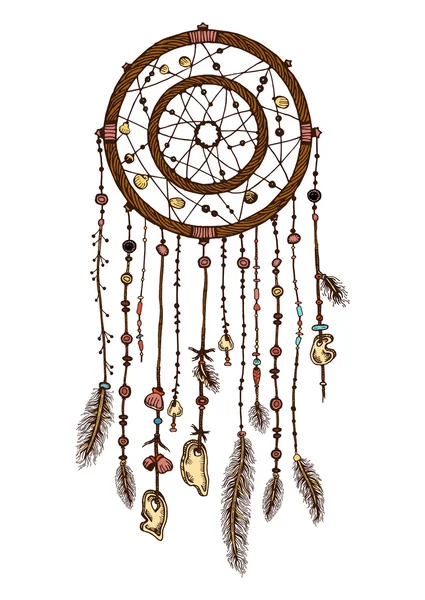 Ręcznie rysowane z dreamcatcher atrament z piór. Etniczne ilustracja, plemienne, American Indian tradycyjny symbol. Plemiennych tematu. Kolorowy dream catcher — Wektor stockowy