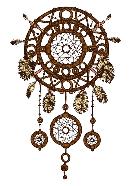 Handgetekende met inkt Dromenvanger met veren. Etnische illustratie, tribal, Amerikaanse Indianen traditionele symbool. Tribal thema. Kleurrijke dream catcher — Stockvector