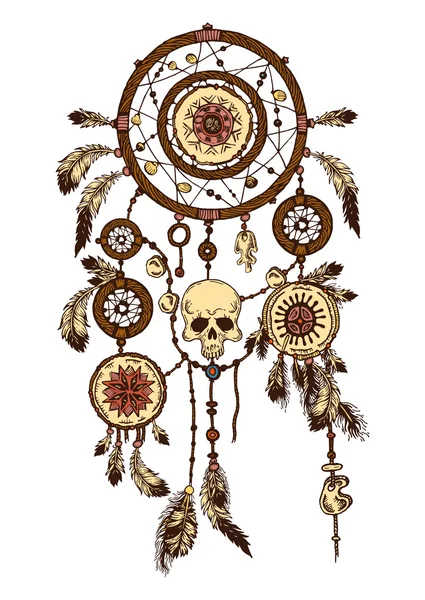 Handgetekende met inkt Dromenvanger met veren. Etnische illustratie, tribal, Amerikaanse Indianen traditionele symbool. Tribal thema. Kleurrijke dream catcher — Stockvector