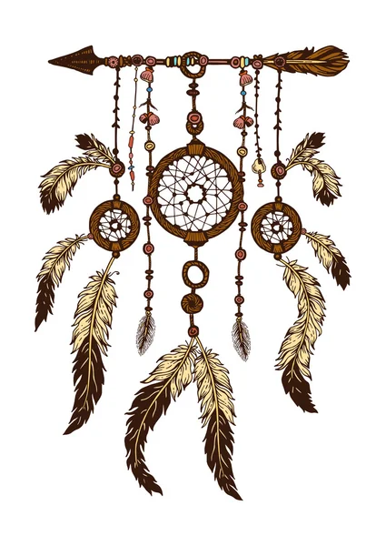 Ruka natažený s inkoustem dreamcatcher s peřím. Etnické ilustrace, tribal, američtí indiáni tradiční symbol. Tribal téma. Barevný sen chytač — Stockový vektor