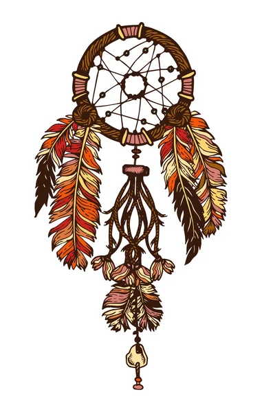Χέρι με μελάνι Ονειροπαγίδα με φτερά. Εθνοτικές εικονογράφηση, παραδοσιακό σύμβολο tribal, American Ινδοί. Σχεδια απο διαφορες φυλες θέμα. Πολύχρωμο όνειρο catcher — Διανυσματικό Αρχείο