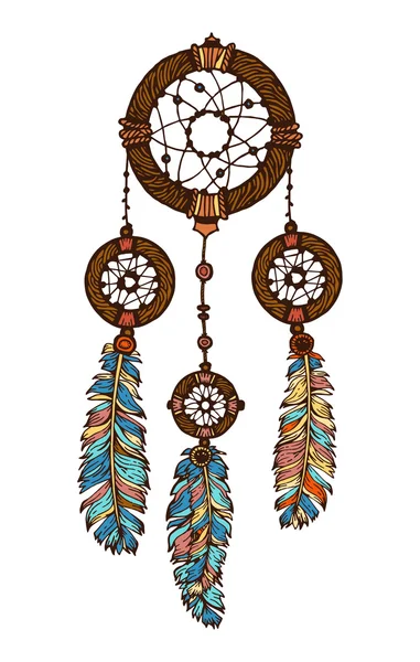 手描きの羽を持つインク ドリーム キャッチャー。民族の図、部族、アメリカのインディアンの伝統的なシンボル。部族のテーマ。カラフルなドリーム キャッチャー — ストックベクタ