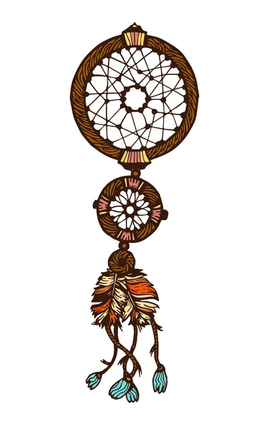 Ruka natažený s inkoustem dreamcatcher s peřím. Etnické ilustrace, tribal, američtí indiáni tradiční symbol. Tribal téma. Barevný sen chytač — Stockový vektor