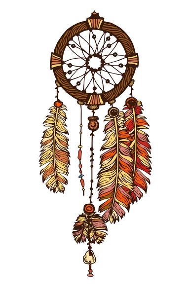 Handgetekende met inkt Dromenvanger met veren. Etnische illustratie, tribal, Amerikaanse Indianen traditionele symbool. Tribal thema. Kleurrijke dream catcher — Stockvector