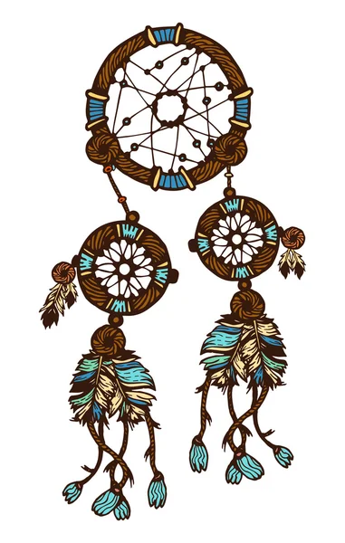 手绘与油墨捉着羽毛。民族插画、 部落、 美国印第安人的传统象征。部落的主题。多彩的梦想捕手 — 图库矢量图片