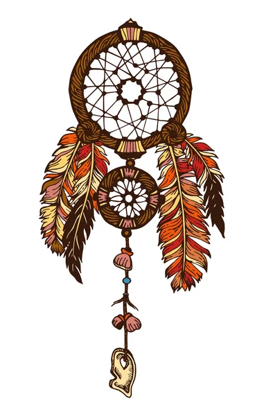 Dibujado a mano con tinta atrapasueños con plumas. Ilustración étnica, tribal, símbolo tradicional de los indios americanos. Tema tribal. Atrapador de sueños colorido — Vector de stock