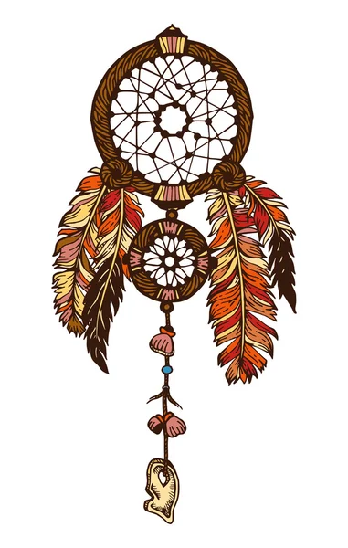 Handgetekende met inkt Dromenvanger met veren. Etnische illustratie, tribal, Amerikaanse Indianen traditionele symbool. Tribal thema. Kleurrijke dream catcher — Stockvector