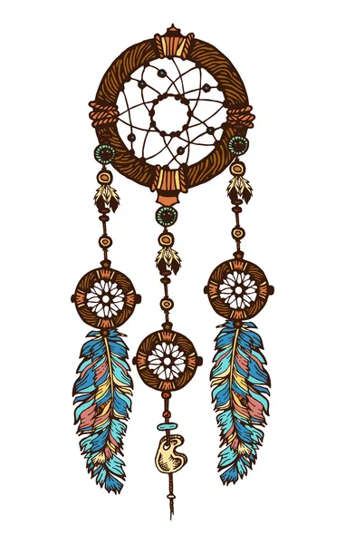 손-그린 깃털으로 잉크 드림 캐쳐. 민족 그림, 부족, 아메리칸 인디언 전통적인 상징. 부족 테마입니다. 화려한 꿈 포 수 — 스톡 벡터