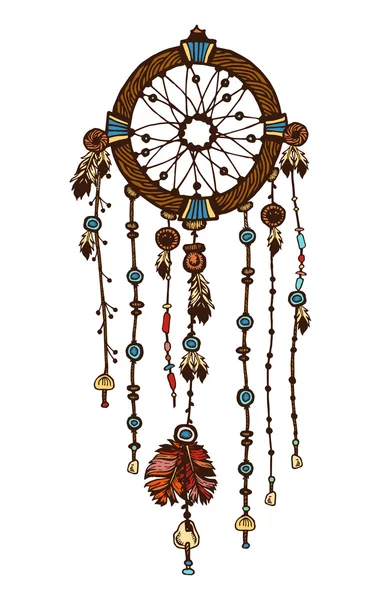 Hand-drawn with ink dreamcatcher with feathers. Ethnic illustration, tribal, American Indians traditional symbol. Tribal theme. Colorful dream catcher — Stock Vector