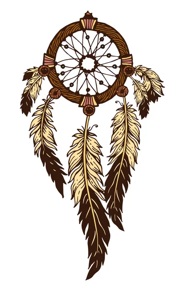 손-그린 깃털으로 잉크 드림 캐쳐. 민족 그림, 부족, 아메리칸 인디언 전통적인 상징. 부족 테마입니다. 화려한 꿈 포 수 — 스톡 벡터