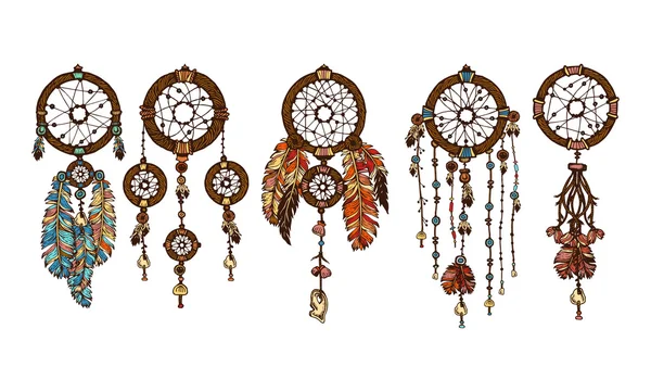 Set of 5 colored dreamcatchers. Hand-drawn with ink dream catcher with feathers. Ethnic illustration, tribal, American Indians traditional symbol. Tribal theme. Vector Graphics