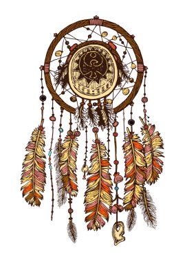 Mürekkep dreamcatcher eşarplı ile çizilmiş. Etnik illüstrasyon, aşiret, Amerikan Kızılderili geleneksel sembolü. Kabile Tema. Renkli rüya yakalayıcı