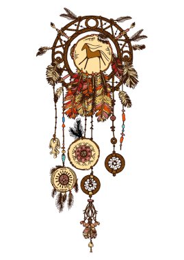Mürekkep dreamcatcher eşarplı ile çizilmiş. Etnik illüstrasyon, aşiret, Amerikan Kızılderili geleneksel sembolü. Kabile Tema. Renkli rüya yakalayıcı