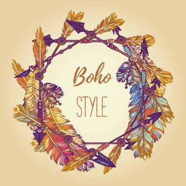 Çelenk sınır. Etnik çerçeve tüyler, konu ve boncuklar yapılmış. Vintage tarzı. Boho elle çizilmiş renk illüstrasyon. Yaz t-shirt tasarım