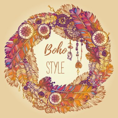 El boyalı tüyler, oklar ve boncuk ile arka plan çekilmiş. Çelenk sınır. Etnik çerçeve. Boho renkli vektör çizim. Yaz t-shirt tasarım