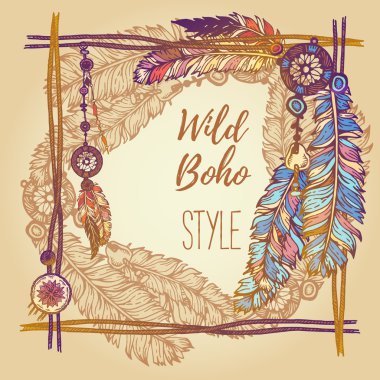 El boyalı tüyler, oklar ve boncuk ile arka plan çekilmiş. Çelenk sınır. Etnik çerçeve. Boho renkli vektör çizim. Yaz t-shirt tasarım