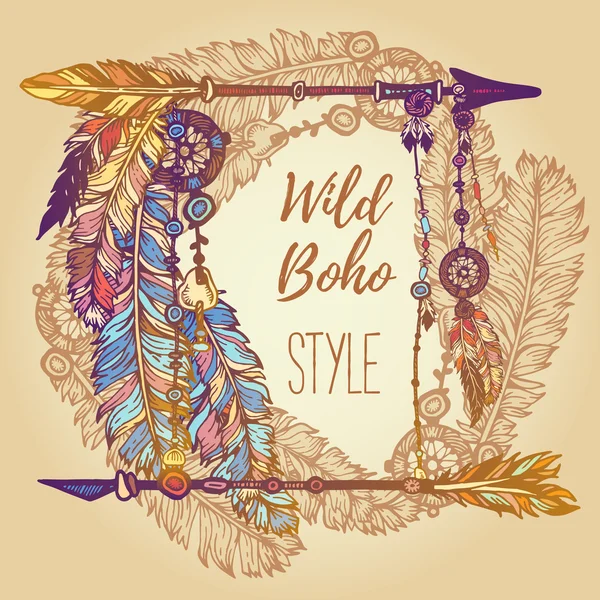 Kézzel rajzolt háttérrel, festett, nyilak és gyöngyök, tollak. Koszorú határ. Etnikai keret. Boho színes vektoros illusztráció. Nyári póló design — Stock Vector