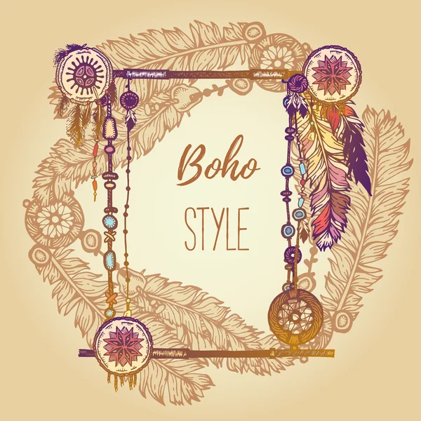 Kézzel rajzolt háttérrel, festett, nyilak és gyöngyök, tollak. Koszorú határ. Etnikai keret. Boho színes vektoros illusztráció. Nyári póló design — Stock Vector