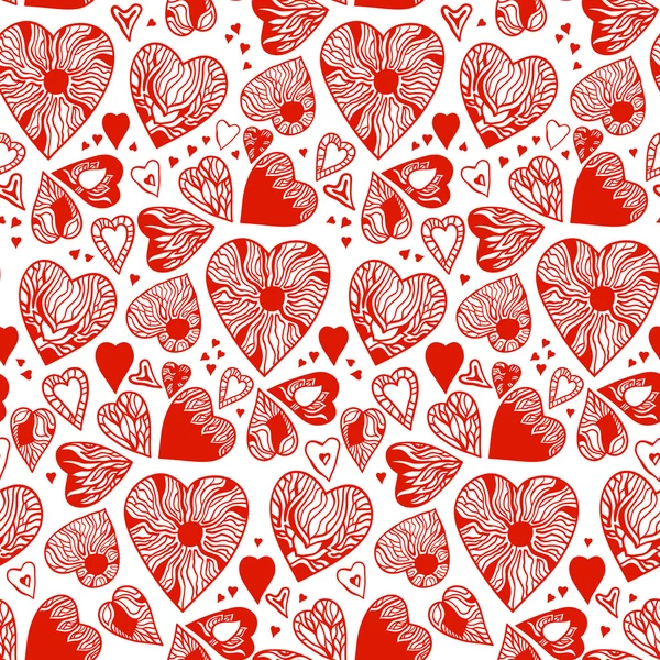 Valentijnsdag naadloze patroon van hand getrokken rode harten, vectorillustratie. Red sierlijke uitgebroed elementen op een witte achtergrond. Geïsoleerd — Stockvector