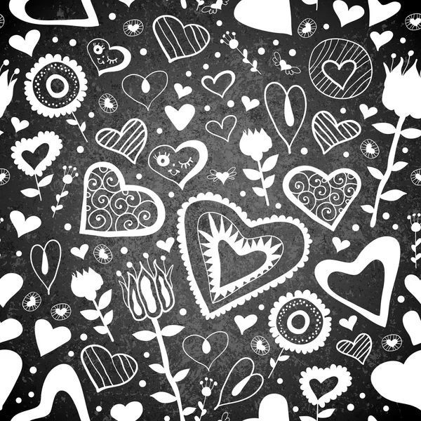 Vector chalkboard seamless love pattern. Love icon. Hearts, flowers — Stock Vector
