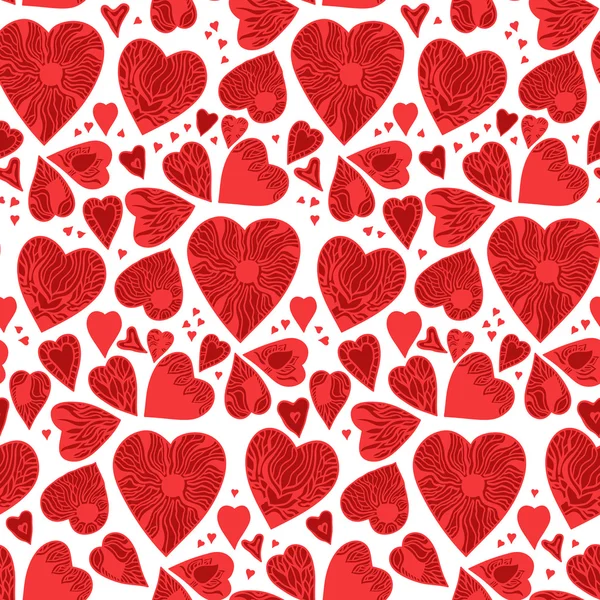 Día de San Valentín patrón sin costuras de los corazones rojos dibujados a mano, ilustración vectorial. Elementos eclosionados adornados rojos sobre un fondo blanco. Aislado — Vector de stock