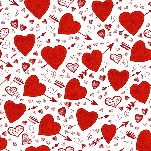 Dia dos Namorados padrão sem costura de corações vermelhos e flechas, ilustração vetorial. Elementos ornamentados vermelhos sobre um fundo branco. Isolados — Vetor de Stock