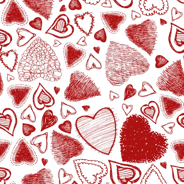 Valentines Day seamless pattern of hand drawn red hearts, Vector illustration. Red ornate hatched elements on a white background. Isolated — Stock Vector