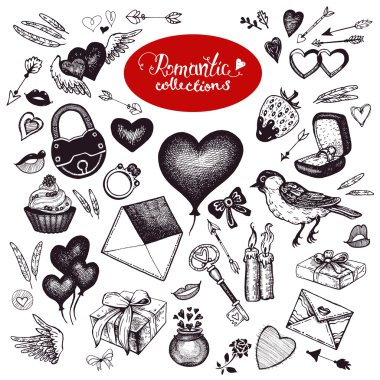Romantik geleneksel semboller seti - kalp, anahtar, kuş, anahtar deliği, zarf, ok, ağız, kek, tatlı, tatlı, halka, gül, çiçek, kanatlar, tüy, alyans. Vektör. Izole. Sevgililer Günü teması