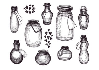El şişe ve mason kavanoz ve kalp grubu seti çizilmiş.