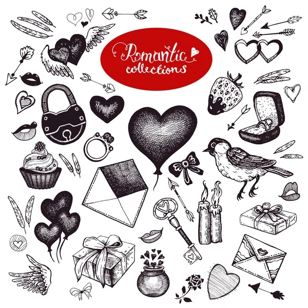 Conjunto de símbolos tradicionales románticos: corazón, llave, pájaro, ojo de cerradura, sobre, flecha, boca, pastel, postre, dulce, anillo, rosa, flor, alas, pluma, anillo de bodas. Vector. Aislado. Tema San Valentín Day — Archivo Imágenes Vectoriales