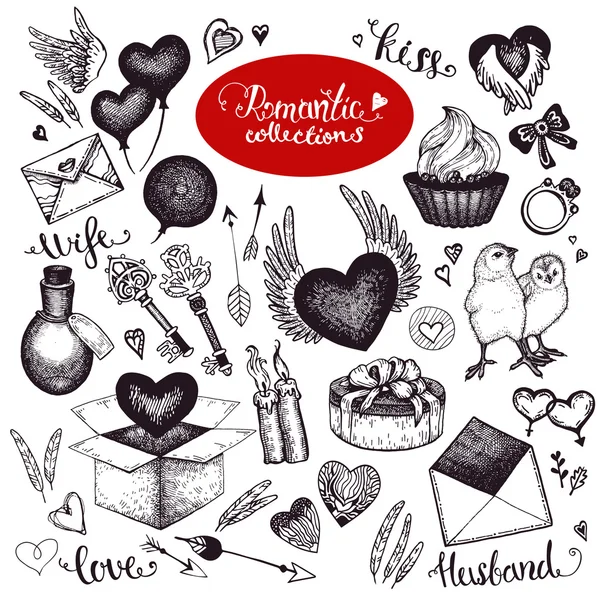 Conjunto de símbolos tradicionales románticos: corazón, llave, sobre, flecha, pastel, postre, dulce, anillo, rosa, alas, pluma, anillo, regalo, polluelos, velas, arco, globo. Vector. Aislado. Tema San Valentín Day — Vector de stock