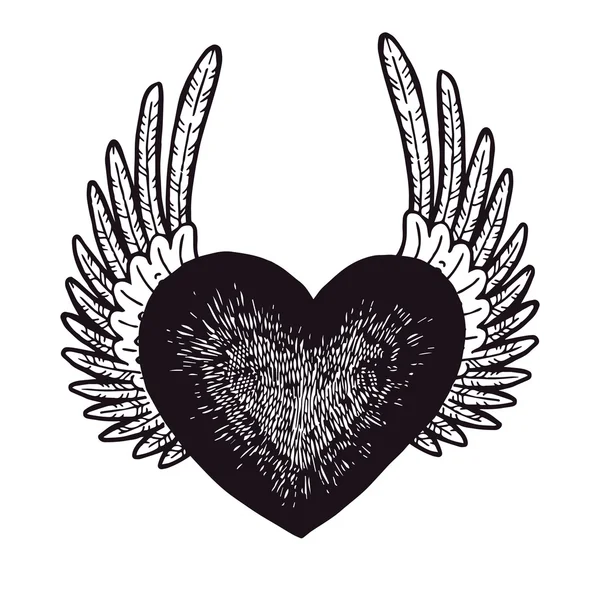 Corazón dibujado a mano con alas de ángel . — Vector de stock
